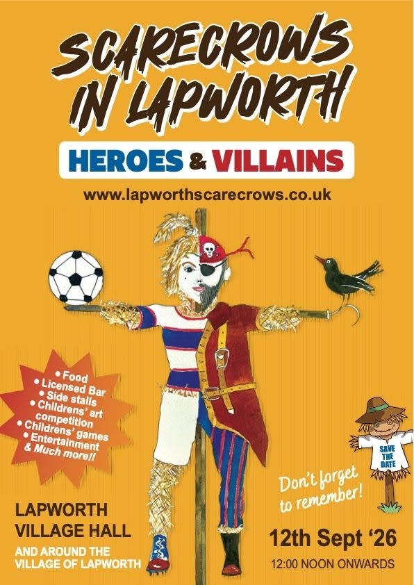 Scarecrows in Lapworth 2026 — Heroes & Villains event flyer